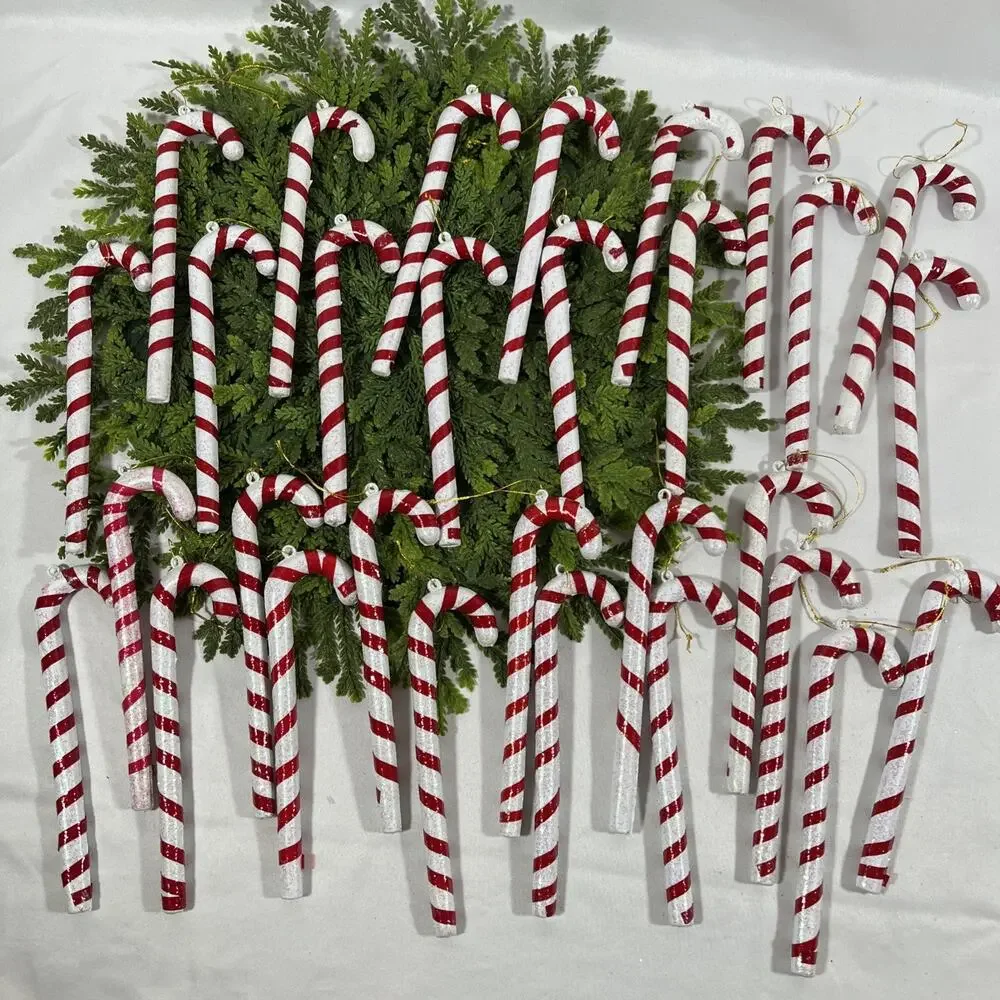 Vintage Lot/30 Candy Cane Cello Blow Mold Blown Plastic Ornaments 6.5” Glitter